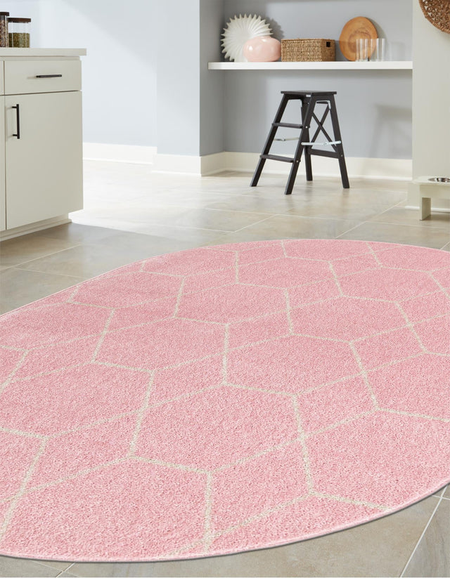 Light Pink 3' 1 x 5' 3 Trellis Frieze Oval Area Rug Geometric Modern Unique Stain Resistant Easy Clean Carpet for Living, Dining, Bedrooms, Office for Sale at Rug Engine