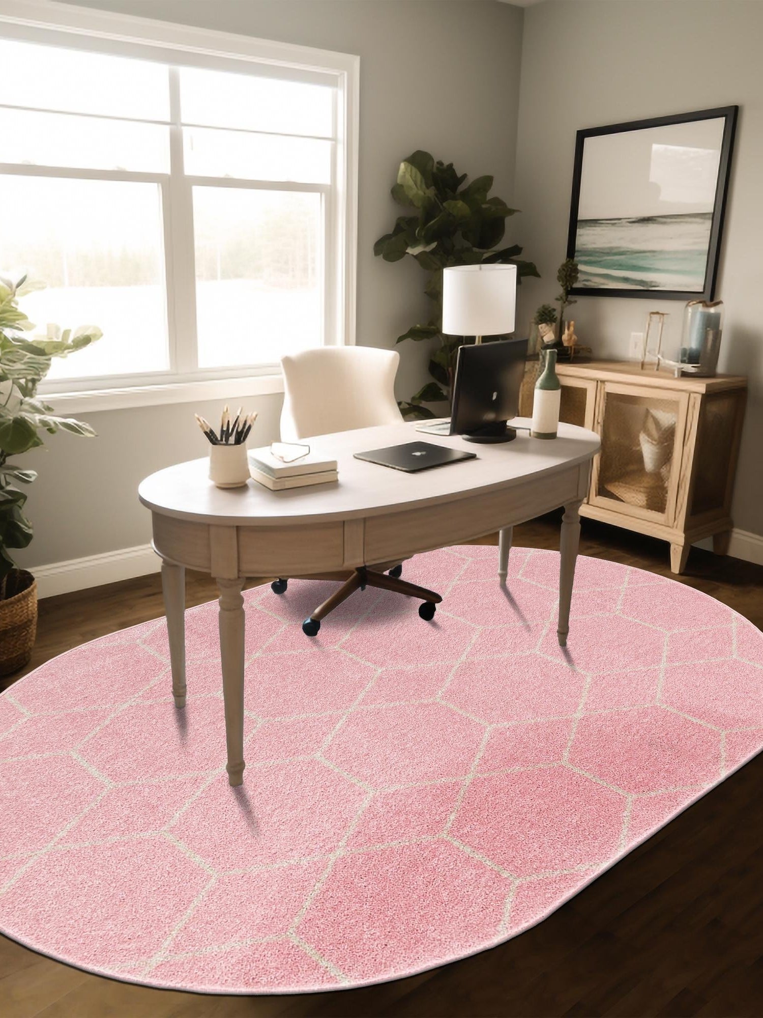 Light Pink 3' 1 x 5' 3 Trellis Frieze Oval Area Rug Geometric Modern Unique Stain Resistant Easy Clean Carpet for Living, Dining, Bedrooms, Office for Sale at Rug Engine