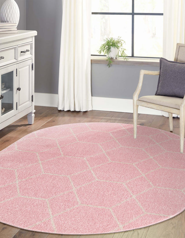 Light Pink 3' 1 x 5' 3 Trellis Frieze Oval Area Rug Geometric Modern Unique Stain Resistant Easy Clean Carpet for Living, Dining, Bedrooms, Office for Sale at Rug Engine
