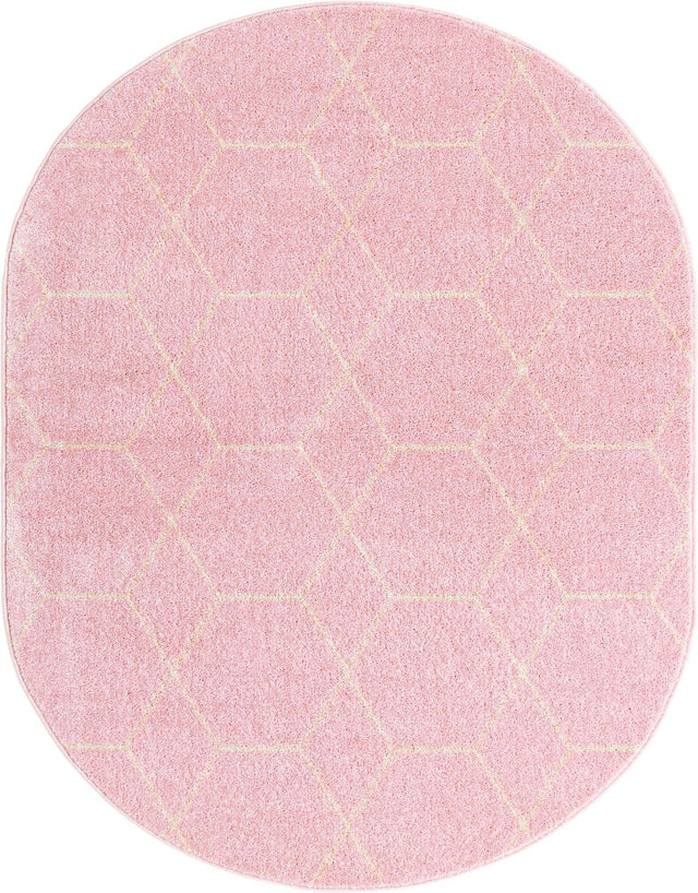 Light Pink 7' 10 x 10' Trellis Frieze Oval Area Rug Geometric Modern Unique Stain Resistant Easy Clean Carpet for Living, Dining, Bedrooms, Office for Sale at Rug Engine