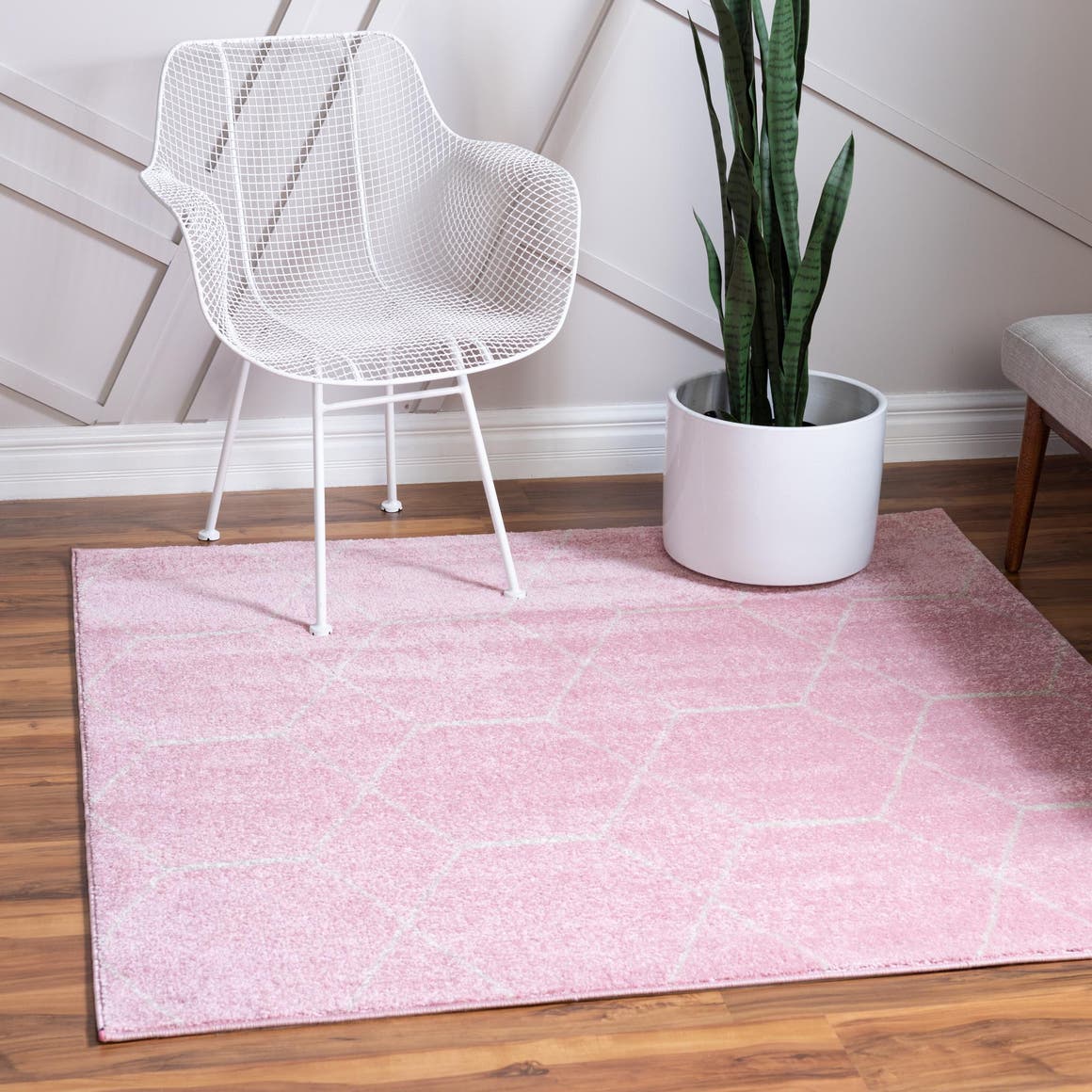 Light Pink 3' 1 x 3' 1 Trellis Frieze Square Area Rug Geometric Modern Unique Stain Resistant Easy Clean Carpet for Living, Dining, Bedrooms, Office for Sale at Rug Engine