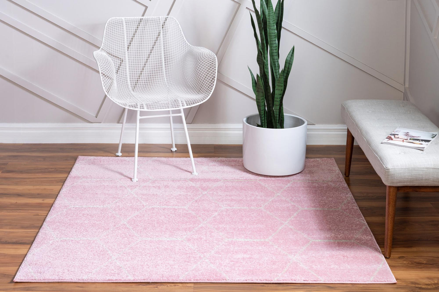 Light Pink 3' 1 x 3' 1 Trellis Frieze Square Area Rug Geometric Modern Unique Stain Resistant Easy Clean Carpet for Living, Dining, Bedrooms, Office for Sale at Rug Engine