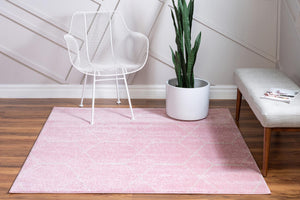 Light Pink 3' 1 x 3' 1 Trellis Frieze Square Area Rug Geometric Modern Unique Stain Resistant Easy Clean Carpet for Living, Dining, Bedrooms, Office for Sale at Rug Engine