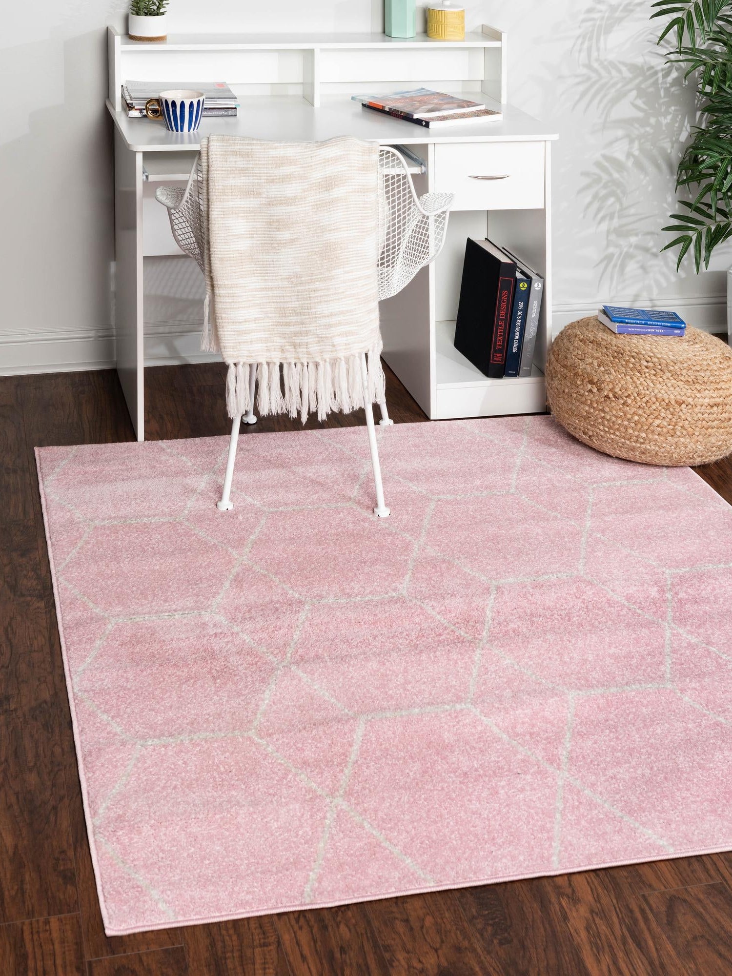 Light Pink 3' 1 x 3' 1 Trellis Frieze Square Area Rug Geometric Modern Unique Stain Resistant Easy Clean Carpet for Living, Dining, Bedrooms, Office for Sale at Rug Engine