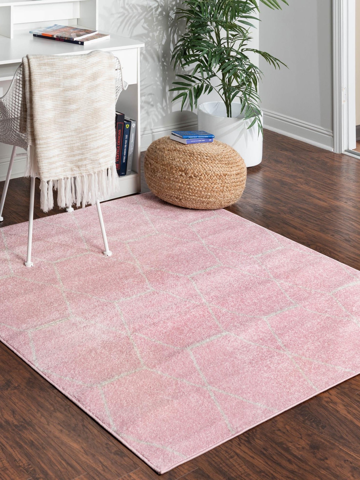 Light Pink 3' 1 x 3' 1 Trellis Frieze Square Area Rug Geometric Modern Unique Stain Resistant Easy Clean Carpet for Living, Dining, Bedrooms, Office for Sale at Rug Engine