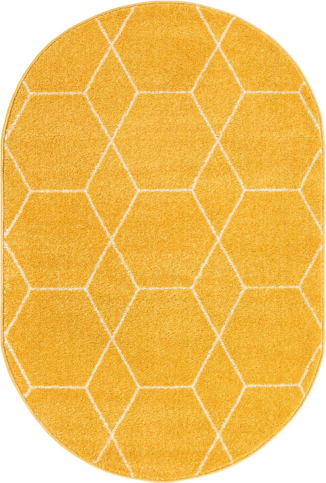 Yellow 4' 1 x 6' 1 Trellis Frieze Oval Area Rug Geometric Modern Unique Stain Resistant Easy Clean Carpet for Living, Dining, Bedrooms, Office for Sale at Rug Engine