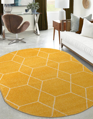 Yellow 7' 10 x 10' Trellis Frieze Oval Area Rug Geometric Modern Unique Stain Resistant Easy Clean Carpet for Living, Dining, Bedrooms, Office for Sale at Rug Engine