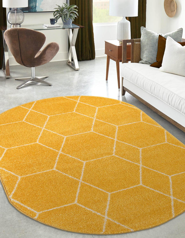 Yellow 7' 10 x 10' Trellis Frieze Oval Area Rug Geometric Modern Unique Stain Resistant Easy Clean Carpet for Living, Dining, Bedrooms, Office for Sale at Rug Engine