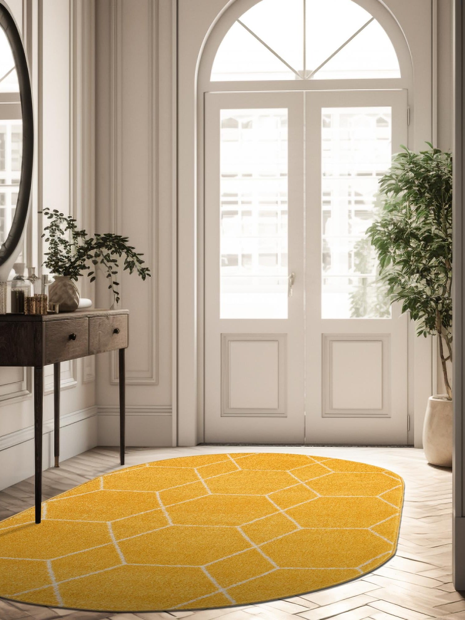 Yellow 3' 1 x 5' 3 Trellis Frieze Oval Area Rug Geometric Modern Unique Stain Resistant Easy Clean Carpet for Living, Dining, Bedrooms, Office for Sale at Rug Engine