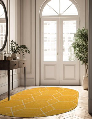 Yellow 3' 1 x 5' 3 Trellis Frieze Oval Area Rug Geometric Modern Unique Stain Resistant Easy Clean Carpet for Living, Dining, Bedrooms, Office for Sale at Rug Engine