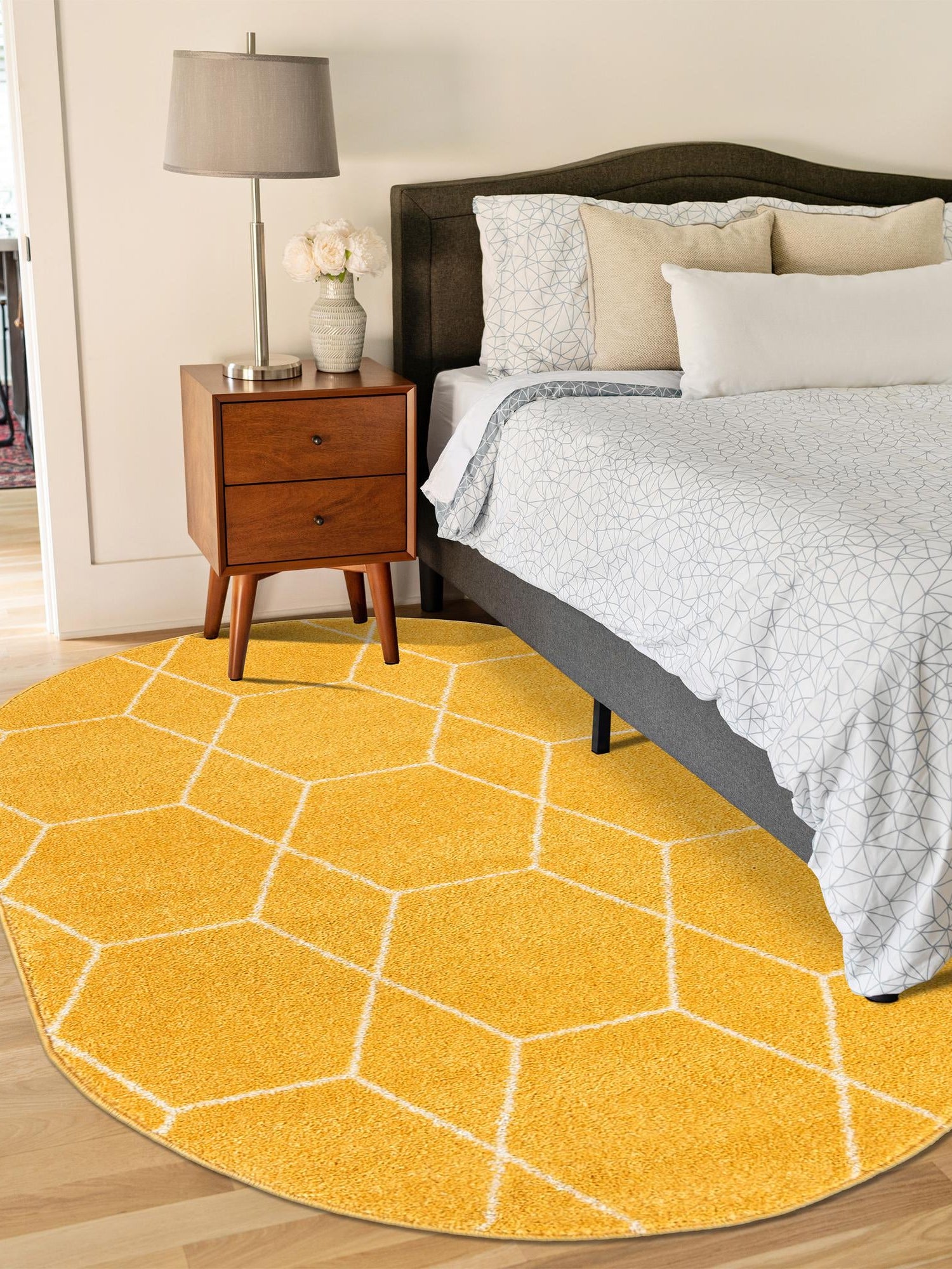 Yellow 7' 10 x 10' Trellis Frieze Oval Area Rug Geometric Modern Unique Stain Resistant Easy Clean Carpet for Living, Dining, Bedrooms, Office for Sale at Rug Engine