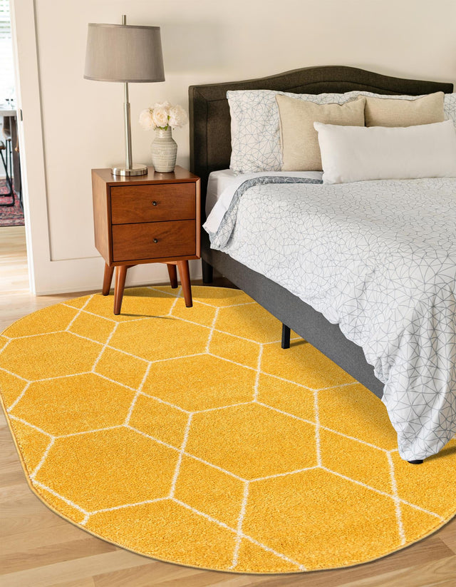 Yellow 7' 10 x 10' Trellis Frieze Oval Area Rug Geometric Modern Unique Stain Resistant Easy Clean Carpet for Living, Dining, Bedrooms, Office for Sale at Rug Engine