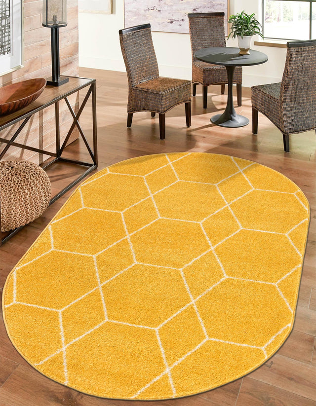 Yellow 5' 3 x 8' Trellis Frieze Oval Area Rug Geometric Modern Unique Stain Resistant Easy Clean Carpet for Living, Dining, Bedrooms, Office for Sale at Rug Engine