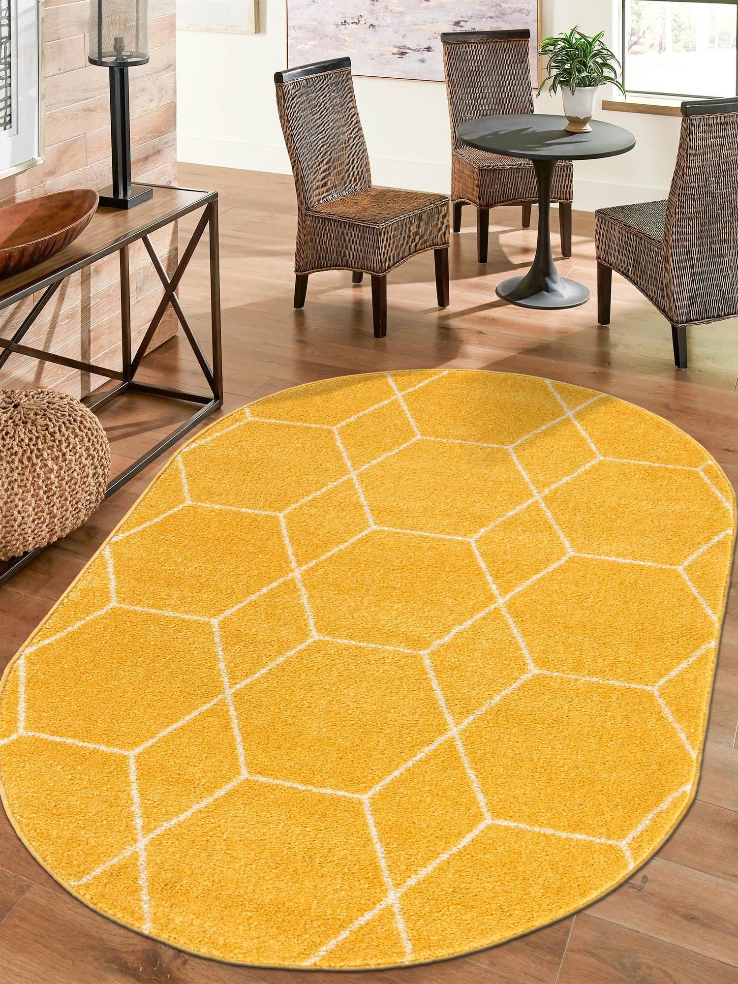 Yellow 7' 10 x 10' Trellis Frieze Oval Area Rug Geometric Modern Unique Stain Resistant Easy Clean Carpet for Living, Dining, Bedrooms, Office for Sale at Rug Engine