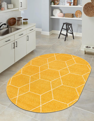 Yellow 5' 3 x 8' Trellis Frieze Oval Area Rug Geometric Modern Unique Stain Resistant Easy Clean Carpet for Living, Dining, Bedrooms, Office for Sale at Rug Engine