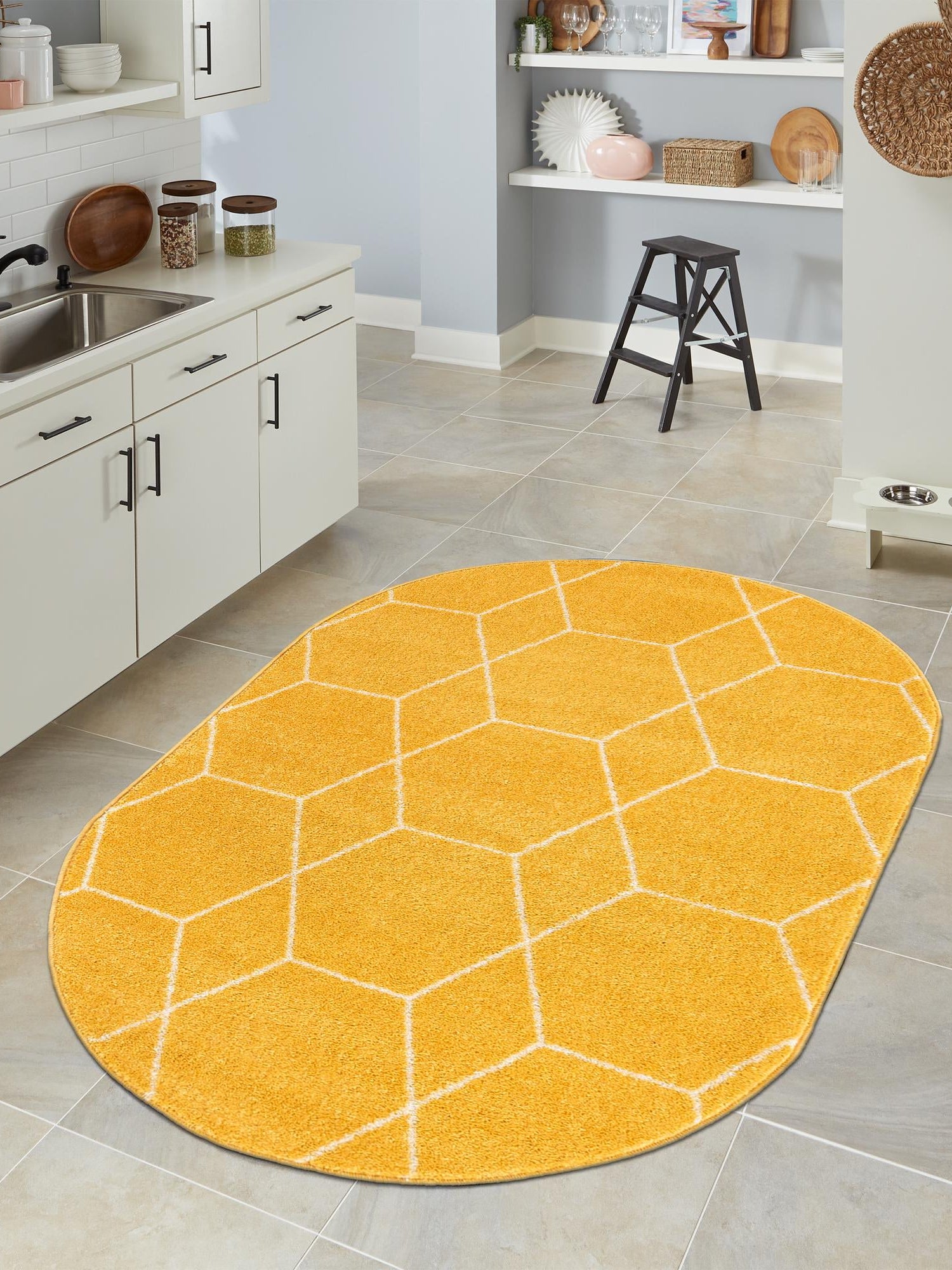 Yellow 7' 10 x 10' Trellis Frieze Oval Area Rug Geometric Modern Unique Stain Resistant Easy Clean Carpet for Living, Dining, Bedrooms, Office for Sale at Rug Engine