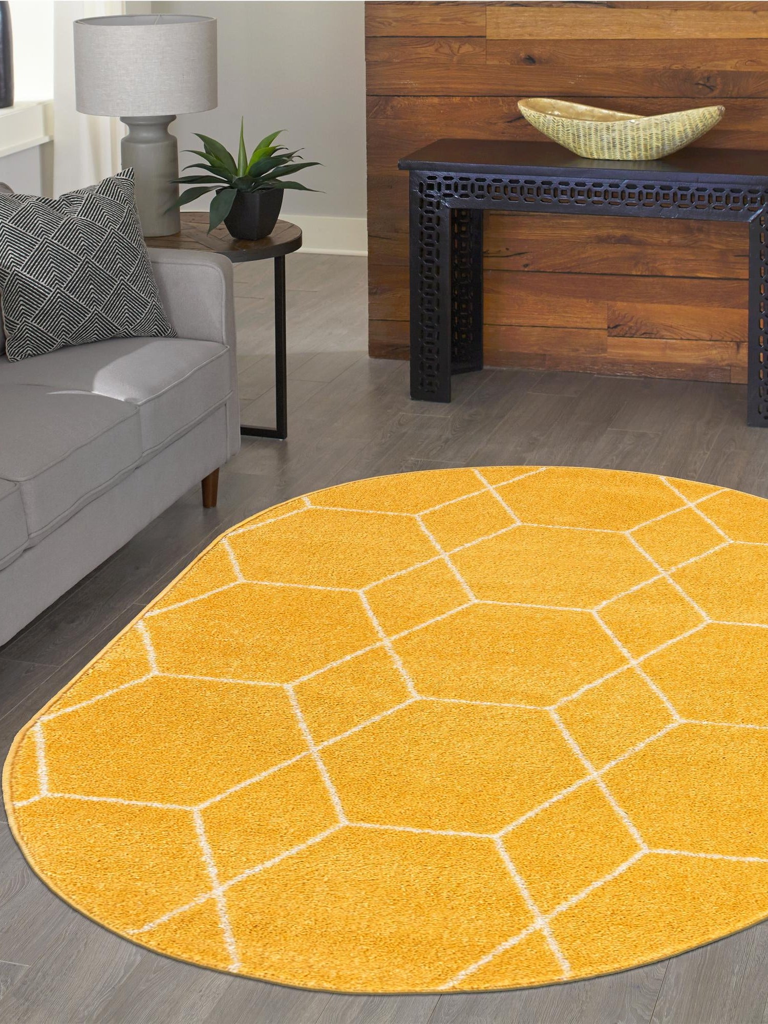 Yellow 3' 1 x 5' 3 Trellis Frieze Oval Area Rug Geometric Modern Unique Stain Resistant Easy Clean Carpet for Living, Dining, Bedrooms, Office for Sale at Rug Engine