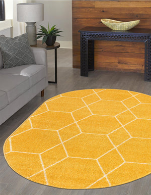 Yellow 3' 1 x 5' 3 Trellis Frieze Oval Area Rug Geometric Modern Unique Stain Resistant Easy Clean Carpet for Living, Dining, Bedrooms, Office for Sale at Rug Engine