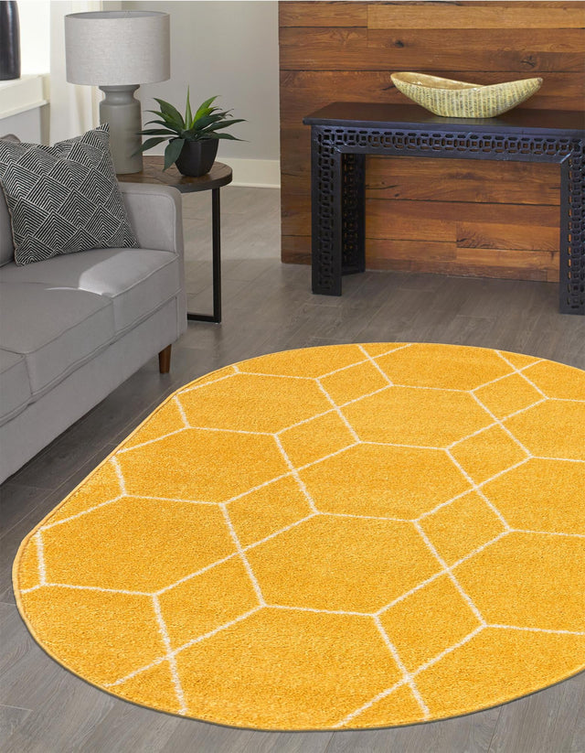 Yellow 3' 1 x 5' 3 Trellis Frieze Oval Area Rug Geometric Modern Unique Stain Resistant Easy Clean Carpet for Living, Dining, Bedrooms, Office for Sale at Rug Engine