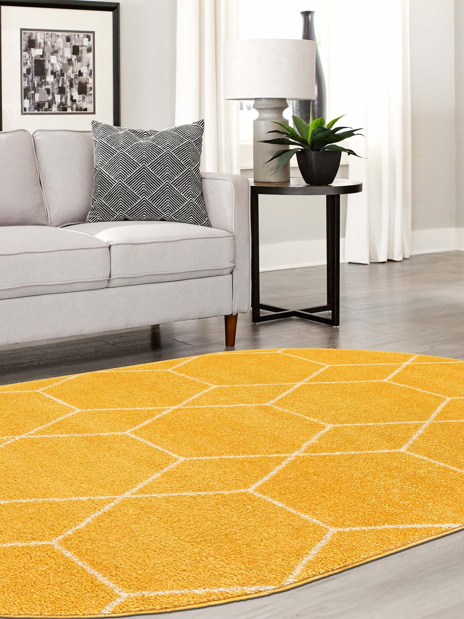 Yellow 3' 1 x 5' 3 Trellis Frieze Oval Area Rug Geometric Modern Unique Stain Resistant Easy Clean Carpet for Living, Dining, Bedrooms, Office for Sale at Rug Engine