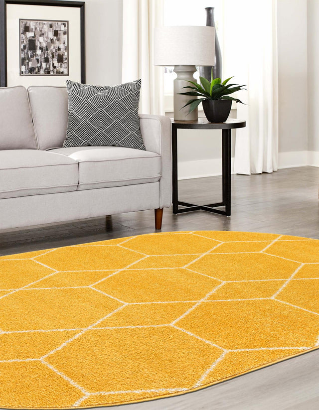 Yellow 3' 1 x 5' 3 Trellis Frieze Oval Area Rug Geometric Modern Unique Stain Resistant Easy Clean Carpet for Living, Dining, Bedrooms, Office for Sale at Rug Engine