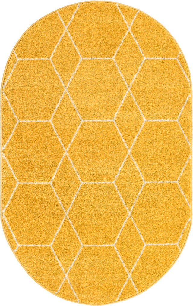 Yellow 5' 3 x 8' Trellis Frieze Oval Area Rug Geometric Modern Unique Stain Resistant Easy Clean Carpet for Living, Dining, Bedrooms, Office for Sale at Rug Engine