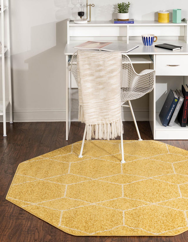 Yellow 7' 10 x 7' 10 Trellis Frieze Octagon Area Rug Geometric Modern Unique Stain Resistant Easy Clean Carpet for Living, Dining, Bedrooms, Office for Sale at Rug Engine