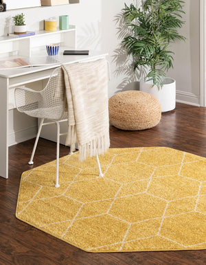 Yellow 7' 10 x 7' 10 Trellis Frieze Octagon Area Rug Geometric Modern Unique Stain Resistant Easy Clean Carpet for Living, Dining, Bedrooms, Office for Sale at Rug Engine