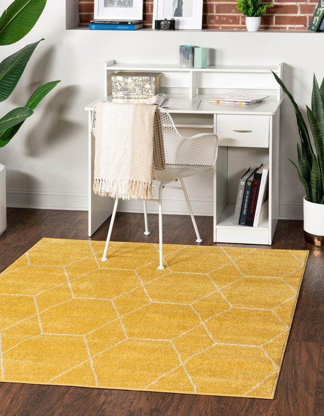 Yellow 4' 1 x 4' 1 Trellis Frieze Square Area Rug Geometric Modern Unique Stain Resistant Easy Clean Carpet for Living, Dining, Bedrooms, Office for Sale at Rug Engine