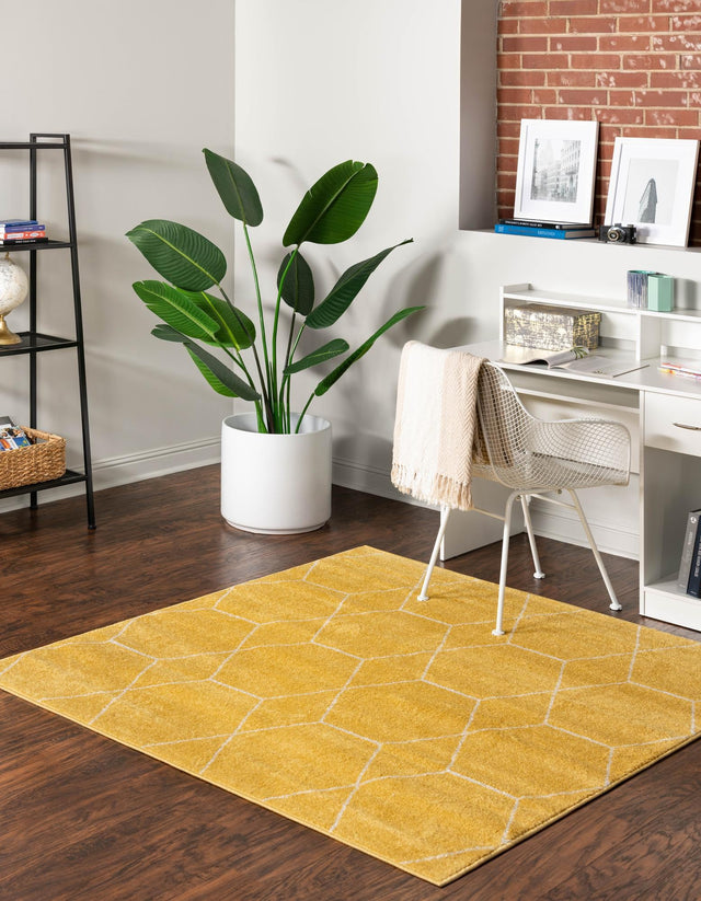 Yellow 6' 1 x 6' 1 Trellis Frieze Square Area Rug Geometric Modern Unique Stain Resistant Easy Clean Carpet for Living, Dining, Bedrooms, Office for Sale at Rug Engine