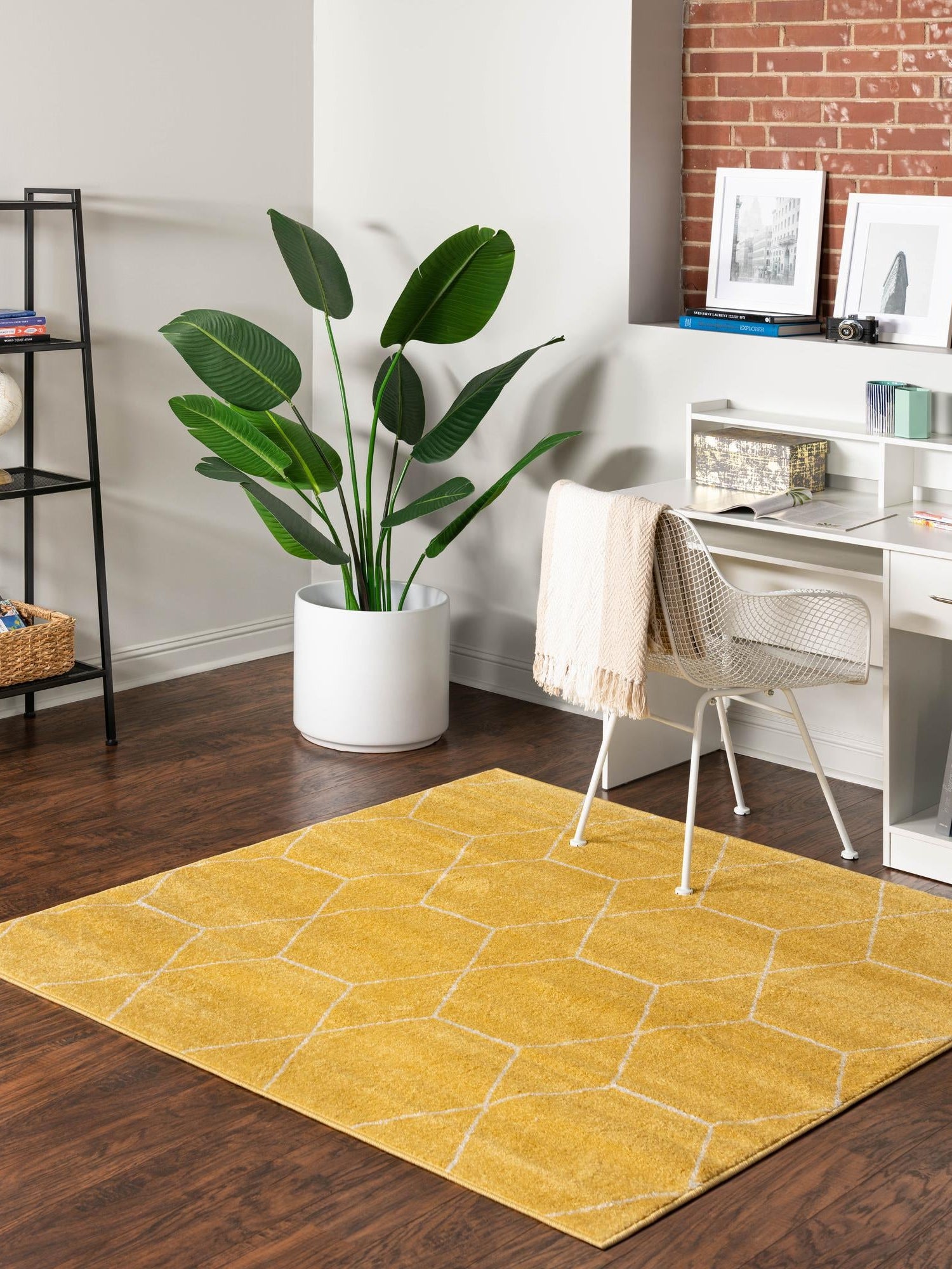 Yellow 4' 1 x 4' 1 Trellis Frieze Square Area Rug Geometric Modern Unique Stain Resistant Easy Clean Carpet for Living, Dining, Bedrooms, Office for Sale at Rug Engine
