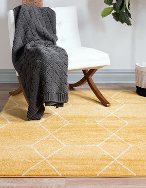 Yellow 7' 10 x 7' 10 Trellis Frieze Square Area Rug Geometric Modern Unique Stain Resistant Easy Clean Carpet for Living, Dining, Bedrooms, Office for Sale at Rug Engine