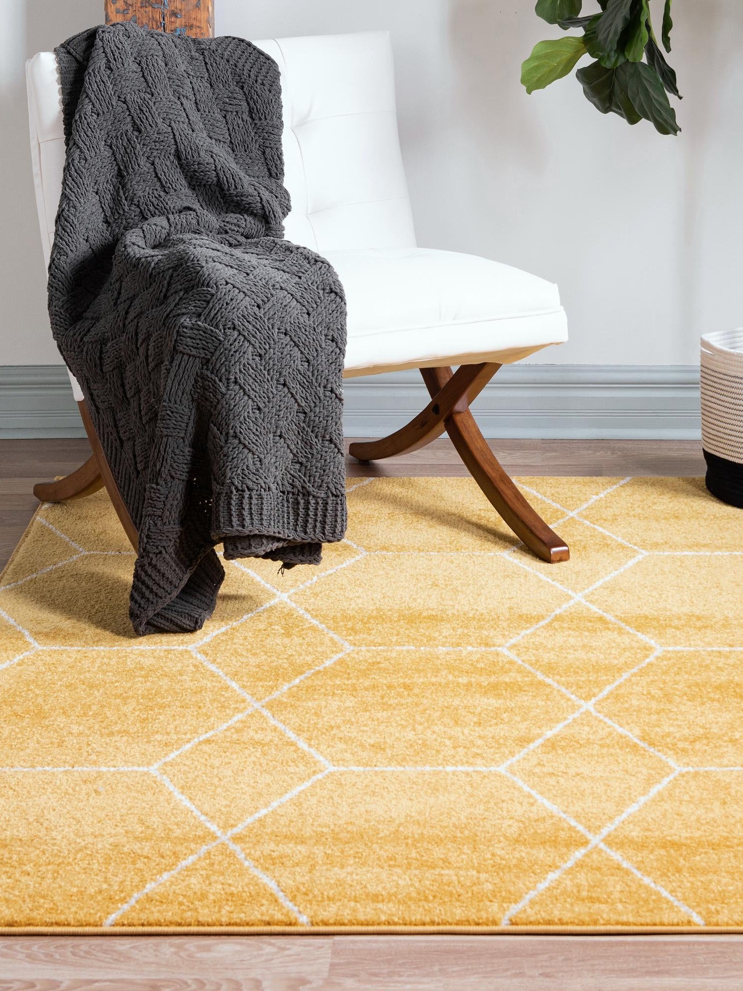 Yellow 6' 1 x 6' 1 Trellis Frieze Square Area Rug Geometric Modern Unique Stain Resistant Easy Clean Carpet for Living, Dining, Bedrooms, Office for Sale at Rug Engine