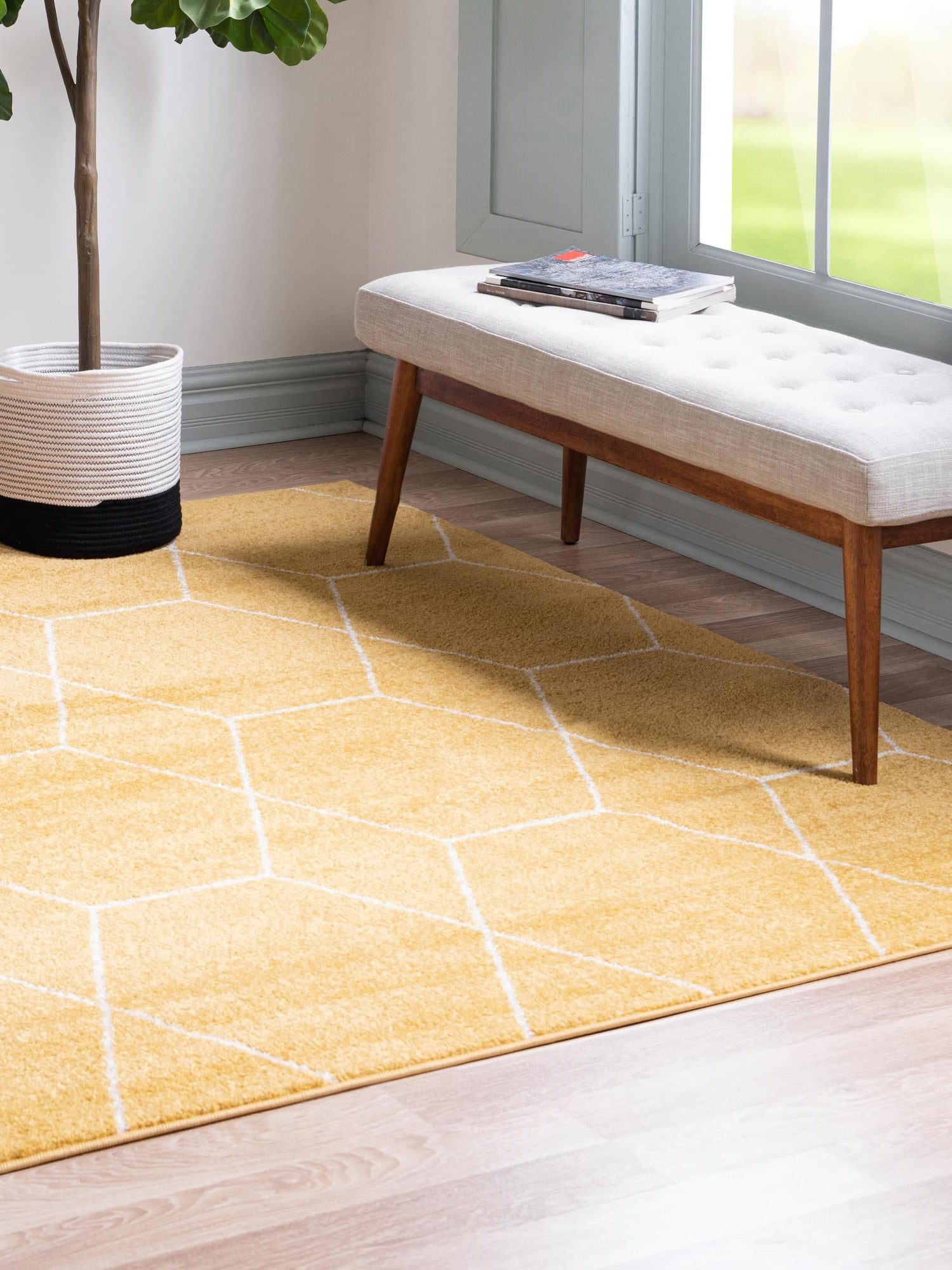 Yellow 7' 10 x 7' 10 Trellis Frieze Square Area Rug Geometric Modern Unique Stain Resistant Easy Clean Carpet for Living, Dining, Bedrooms, Office for Sale at Rug Engine