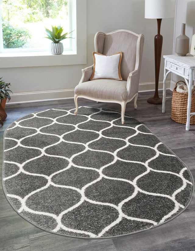 Dark Gray 7' 10 x 10' Trellis Frieze Oval Area Rug Geometric Modern Unique Stain Resistant Easy Clean Carpet for Living, Dining, Bedrooms, Office for Sale at Rug Engine