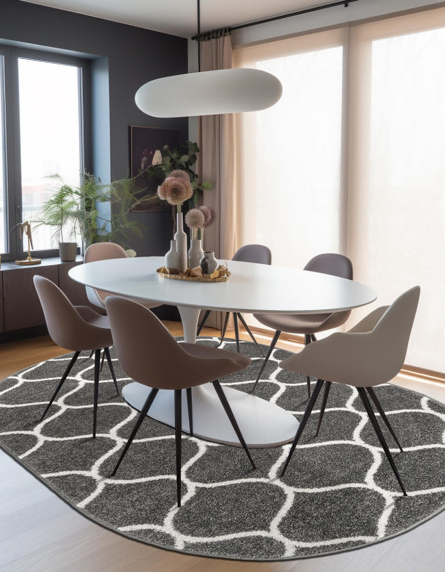 Dark Gray 7' 10 x 10' Trellis Frieze Oval Area Rug Geometric Modern Unique Stain Resistant Easy Clean Carpet for Living, Dining, Bedrooms, Office for Sale at Rug Engine
