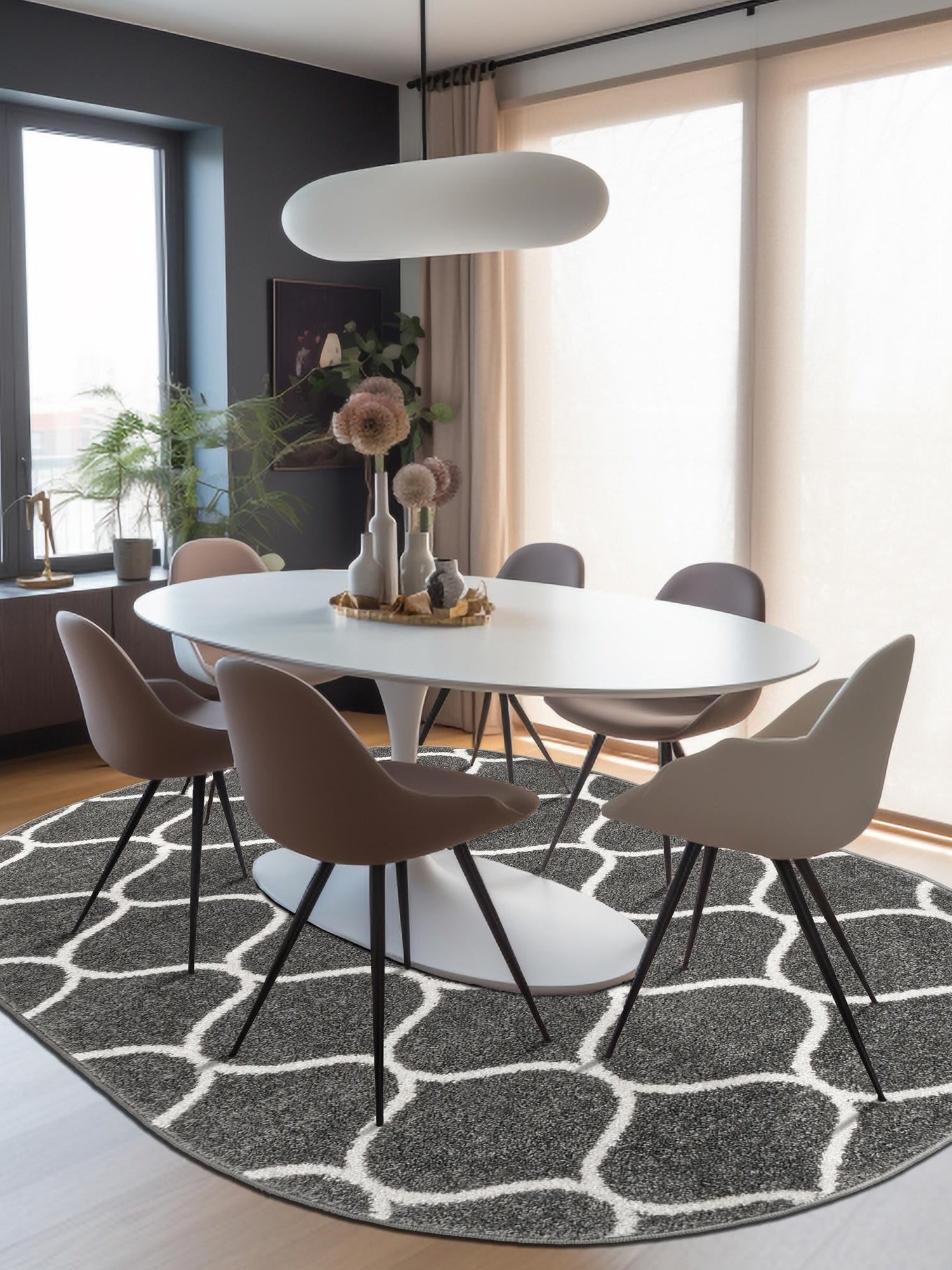 Dark Gray 5' 3 x 8' Trellis Frieze Oval Area Rug Geometric Modern Unique Stain Resistant Easy Clean Carpet for Living, Dining, Bedrooms, Office for Sale at Rug Engine