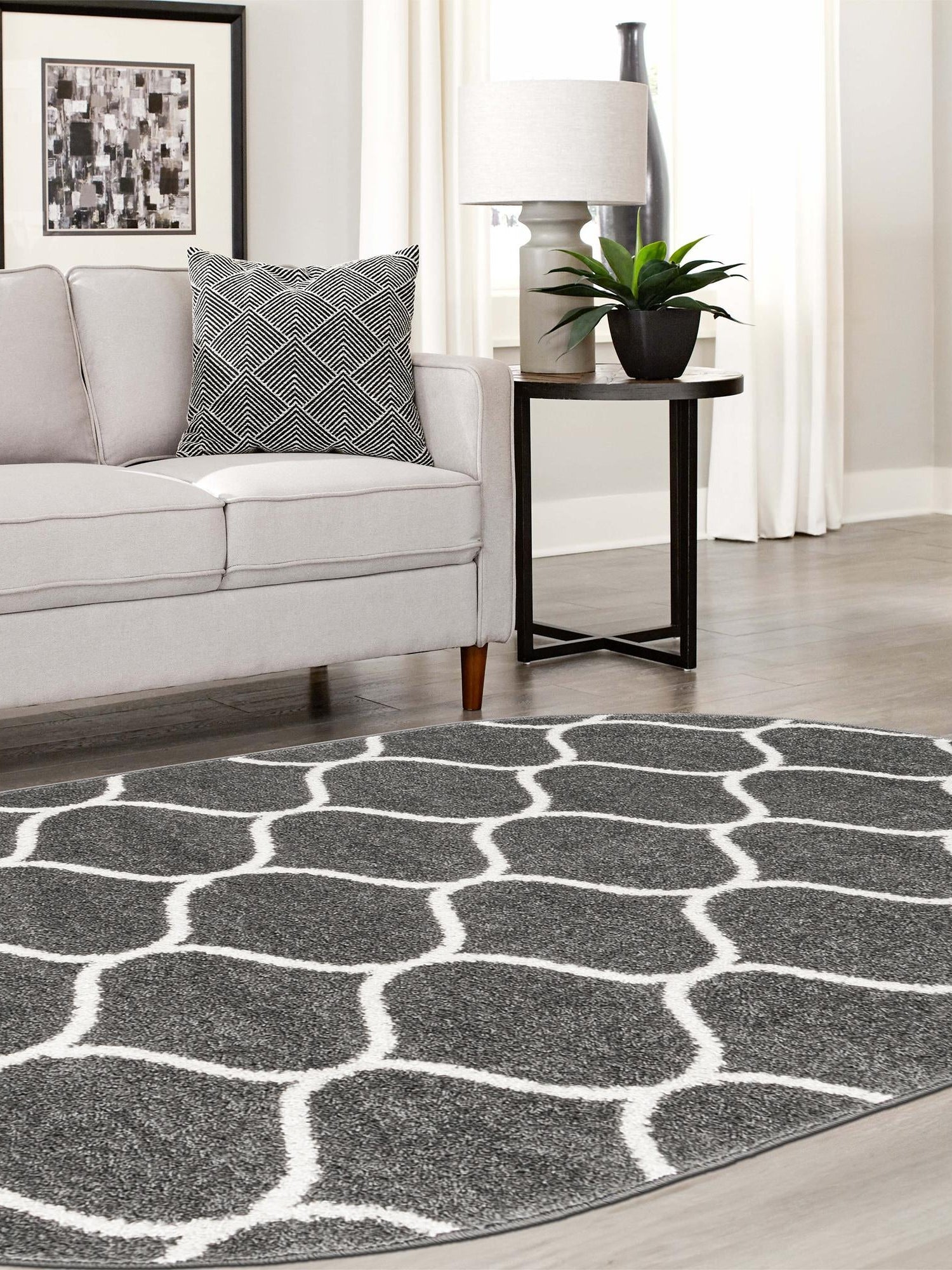 Dark Gray 5' 3 x 8' Trellis Frieze Oval Area Rug Geometric Modern Unique Stain Resistant Easy Clean Carpet for Living, Dining, Bedrooms, Office for Sale at Rug Engine