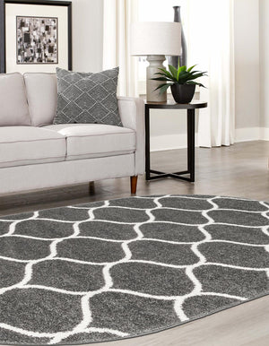 Dark Gray 5' 3 x 8' Trellis Frieze Oval Area Rug Geometric Modern Unique Stain Resistant Easy Clean Carpet for Living, Dining, Bedrooms, Office for Sale at Rug Engine