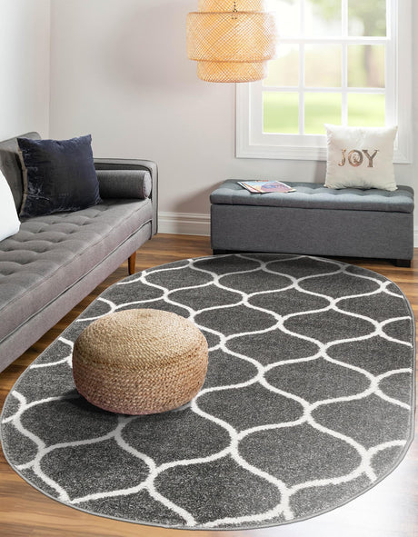 Dark Gray 7' 10 x 10' Trellis Frieze Oval Area Rug Geometric Modern Unique Stain Resistant Easy Clean Carpet for Living, Dining, Bedrooms, Office for Sale at Rug Engine
