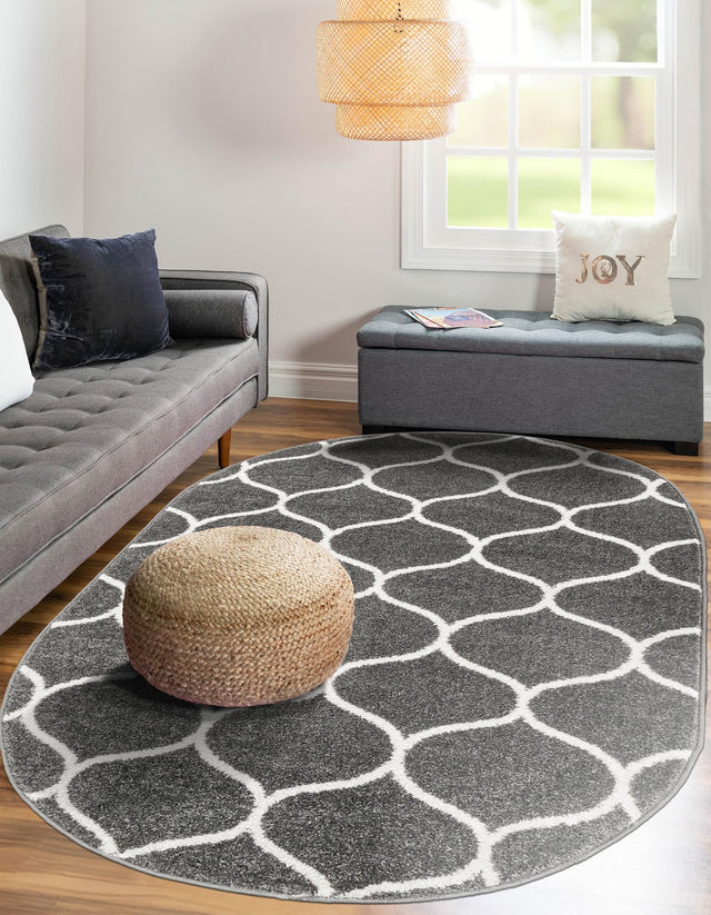 Dark Gray 5' 3 x 8' Trellis Frieze Oval Area Rug Geometric Modern Unique Stain Resistant Easy Clean Carpet for Living, Dining, Bedrooms, Office for Sale at Rug Engine