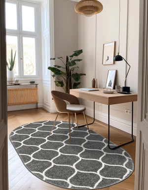 Dark Gray 5' 3 x 8' Trellis Frieze Oval Area Rug Geometric Modern Unique Stain Resistant Easy Clean Carpet for Living, Dining, Bedrooms, Office for Sale at Rug Engine
