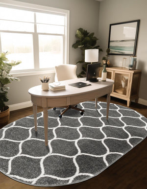 Dark Gray 5' 3 x 8' Trellis Frieze Oval Area Rug Geometric Modern Unique Stain Resistant Easy Clean Carpet for Living, Dining, Bedrooms, Office for Sale at Rug Engine