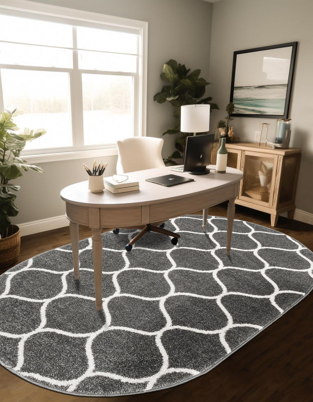Dark Gray 5' 3 x 8' Trellis Frieze Oval Area Rug Geometric Modern Unique Stain Resistant Easy Clean Carpet for Living, Dining, Bedrooms, Office for Sale at Rug Engine