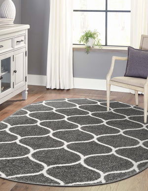 Dark Gray 5' 3 x 8' Trellis Frieze Oval Area Rug Geometric Modern Unique Stain Resistant Easy Clean Carpet for Living, Dining, Bedrooms, Office for Sale at Rug Engine