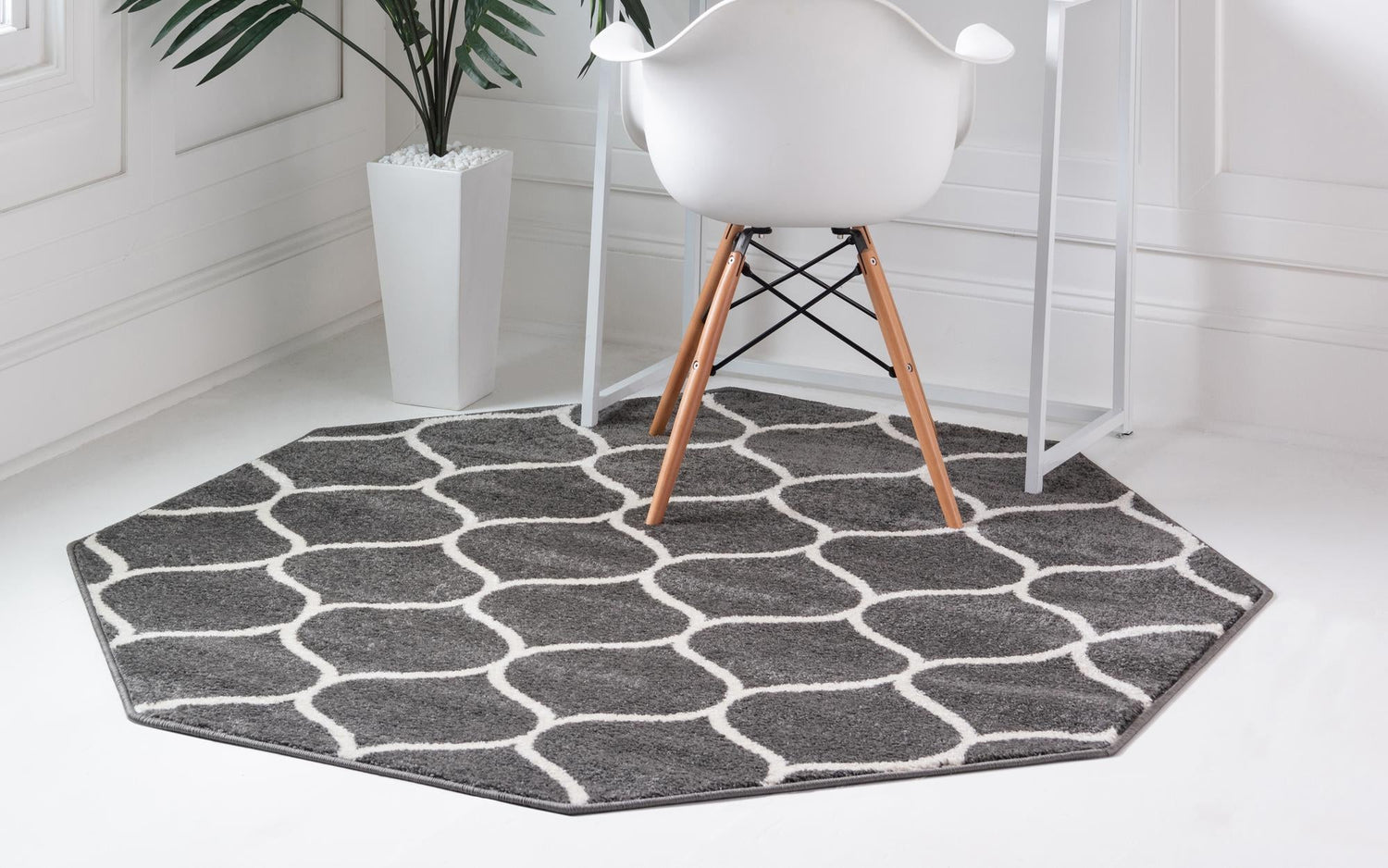 Dark Gray 5' 3 x 5' 3 Trellis Frieze Octagon Area Rug Geometric Modern Unique Stain Resistant Easy Clean Carpet for Living, Dining, Bedrooms, Office for Sale at Rug Engine