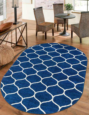 Navy Blue 4' 1 x 6' 1 Trellis Frieze Oval Area Rug Geometric Modern Unique Stain Resistant Easy Clean Carpet for Living, Dining, Bedrooms, Office for Sale at Rug Engine