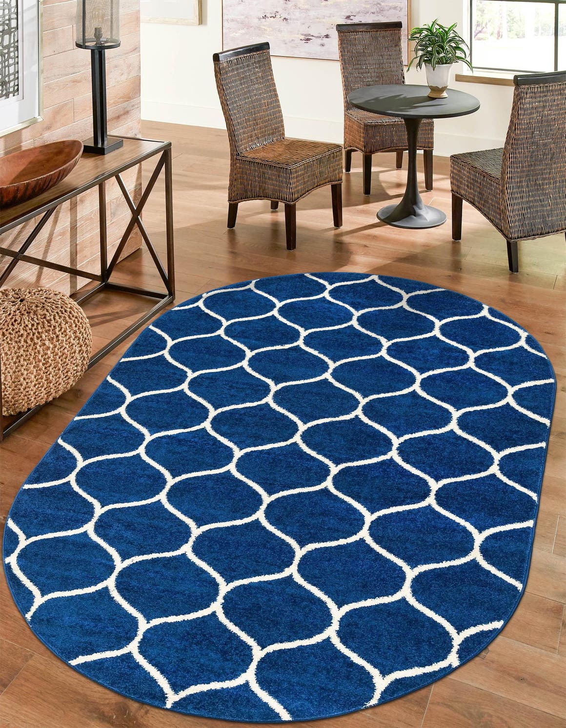 Navy Blue 3' 1 x 5' 3 Trellis Frieze Oval Area Rug Geometric Modern Unique Stain Resistant Easy Clean Carpet for Living, Dining, Bedrooms, Office for Sale at Rug Engine