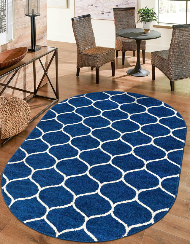 Navy Blue 3' 1 x 5' 3 Trellis Frieze Oval Area Rug Geometric Modern Unique Stain Resistant Easy Clean Carpet for Living, Dining, Bedrooms, Office for Sale at Rug Engine