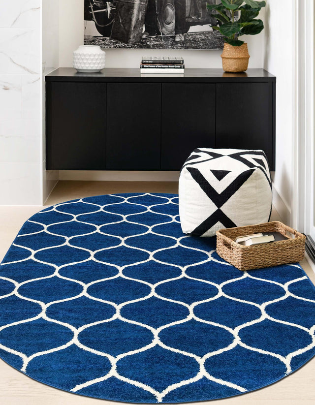 Navy Blue 3' 1 x 5' 3 Trellis Frieze Oval Area Rug Geometric Modern Unique Stain Resistant Easy Clean Carpet for Living, Dining, Bedrooms, Office for Sale at Rug Engine